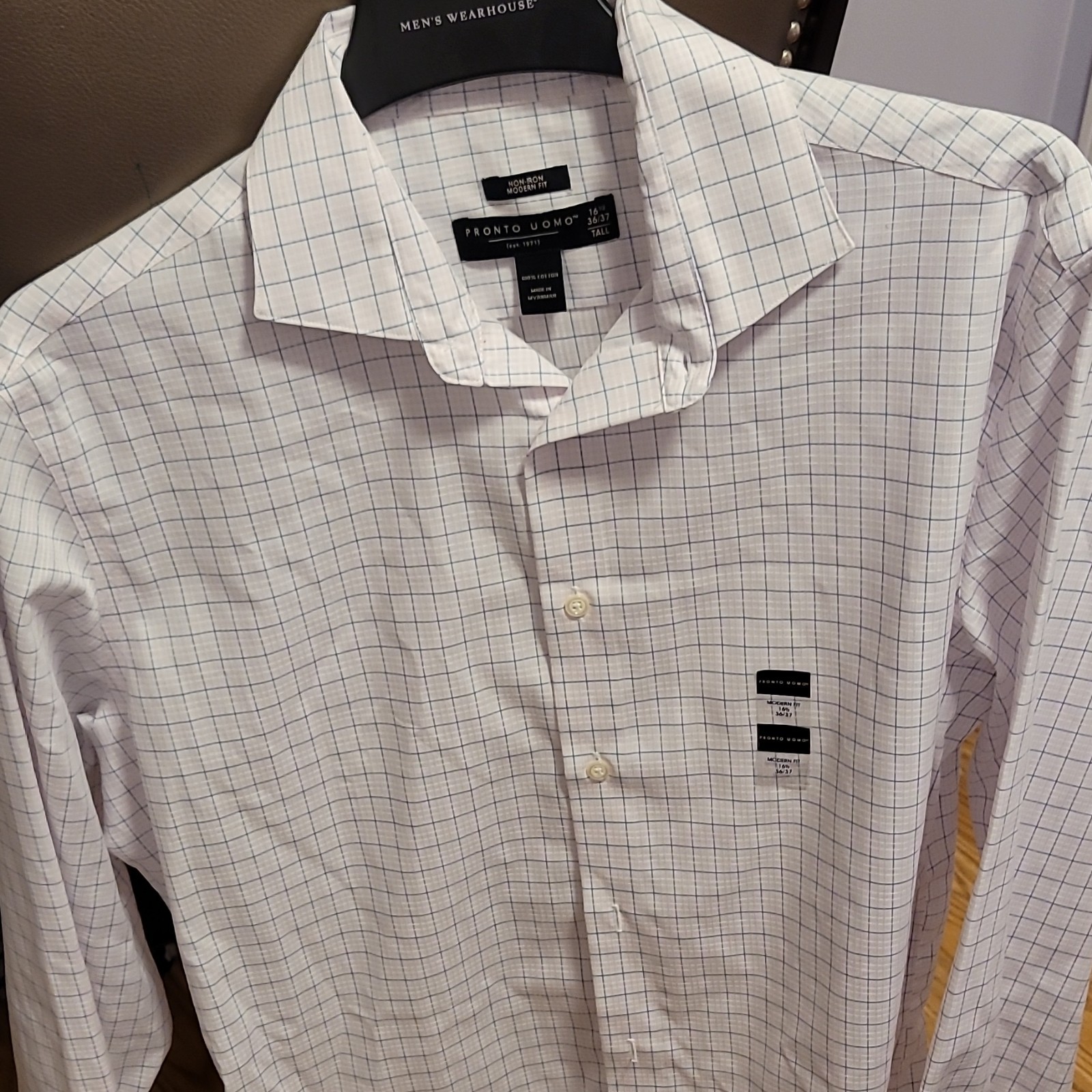 Pronto Uomo Non-Iron Modern Fit Dress Shirt Check White/Blue 16.5 36/37 B&T