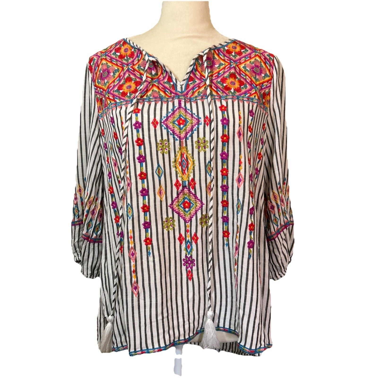 Savanna Jane Blouse Womens Small Embroidered Flowers Striped Boho Top Flaw
