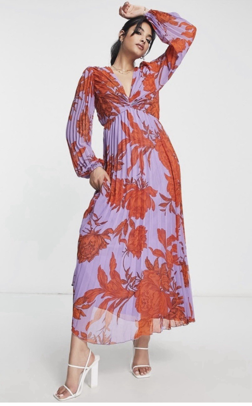 ASOS DESIGN pleated bodice plunge neck midi dress in floral print Size 0