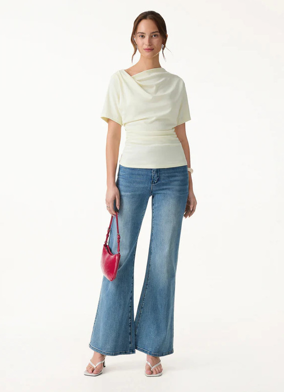 OGL Asymmetrical Cowl Neck Ruched Top, Deep Water