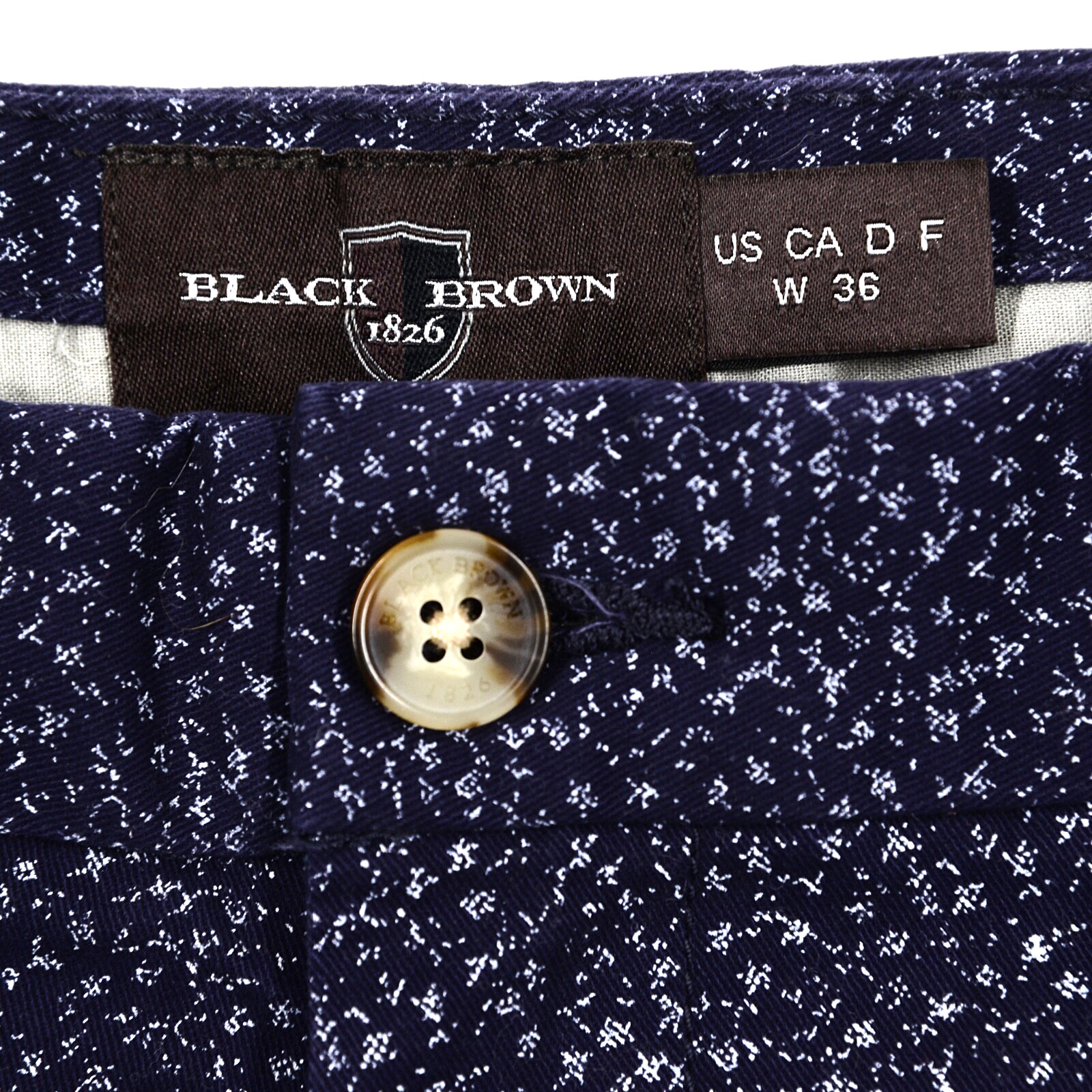 Black Brown 1826 Men’s Shorts Waist 36 Chino Navy w/White Print Cotton Blend