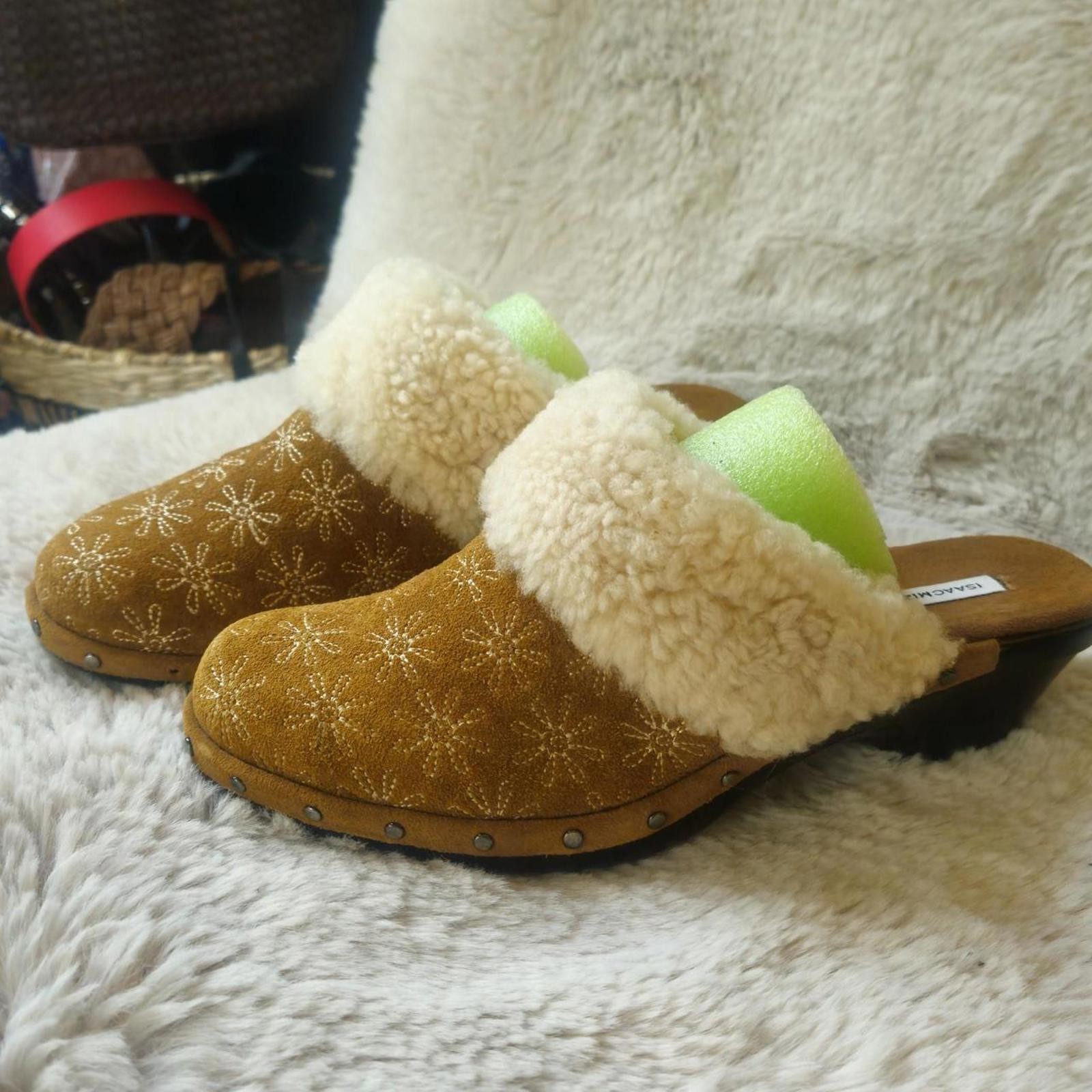 Tan Suede Clogs, Sheepskin Shearling, Embroidered flowers