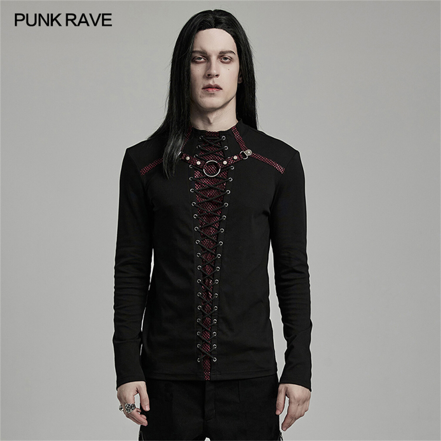 PUNK RAVE Black And Red Gothic Punk Mesh Splicing Long Sleeve Men T-Shirt Top