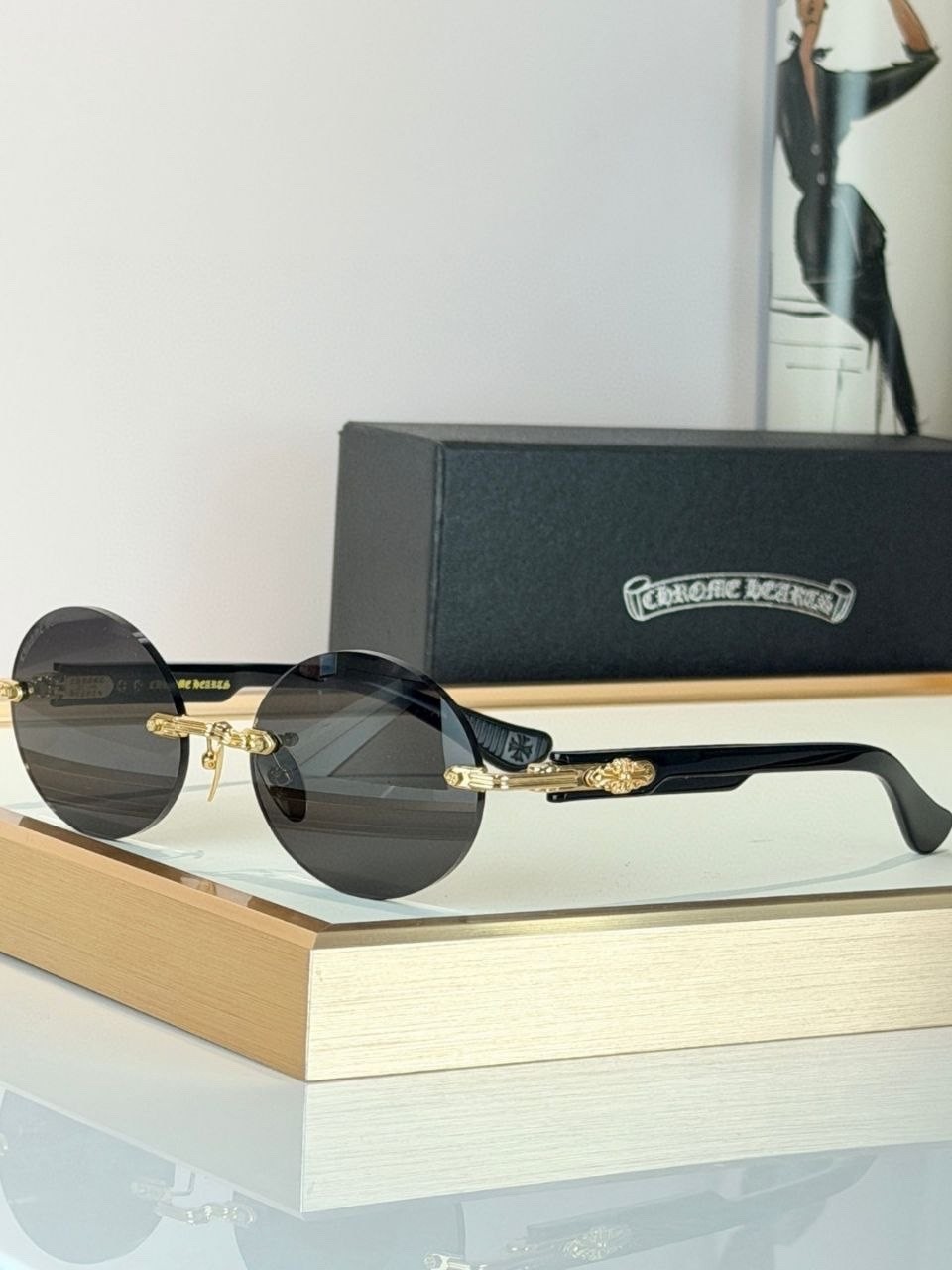 Chrome Hearts Rimless Round Sunglasses Black Gold Floral Temple Luxury Eyewear