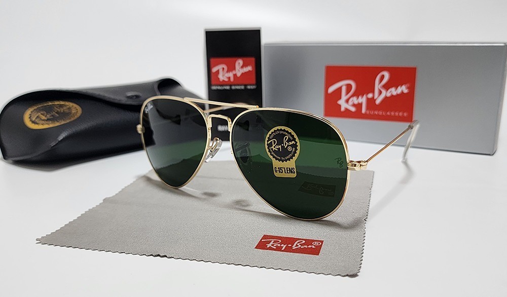 Ray-Ban RB3025 Aviator Sunglasses Gold Frame Green Glass Lens 58mm UV400