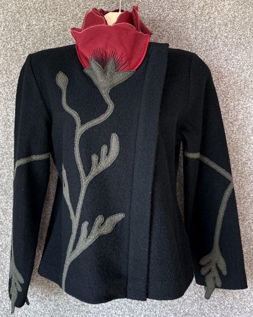 CoVelo Womens Sz Small 100% Wool Poppy Collared Floral Art Deco Full Zip Jacket