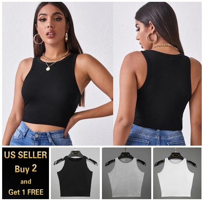 Women Basic Casual Stretch Crop Cropped Tank Top Sleeveless Shirt S – L