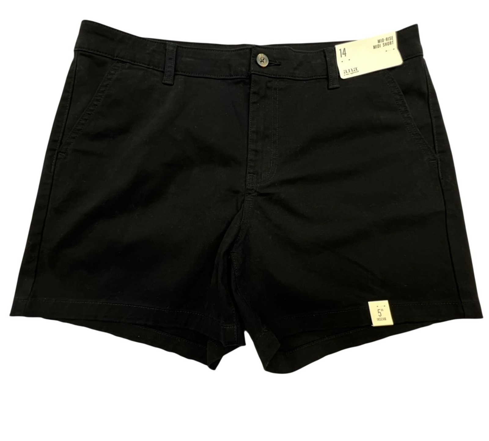 A.N.A. New Approach Women Mid-Rise Midi Shorts SIze 14 Black 5″ Inseam Casual