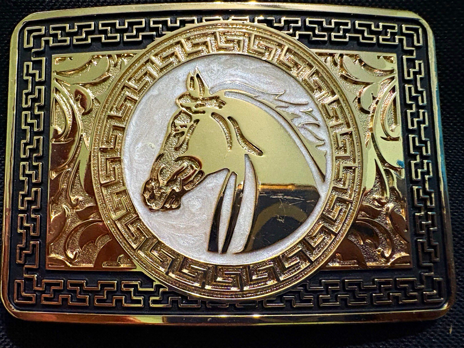 Western Horse Head Greek Key Engraved Belt Buckle Gold/Silver Metal 1.5in