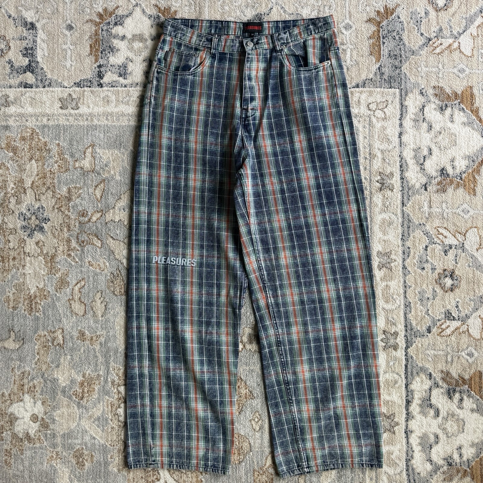 Pleasures Formula Plaid Baggy Jeans Men’s 34 (FITS 33×30”) Skater Wide Leg Logo