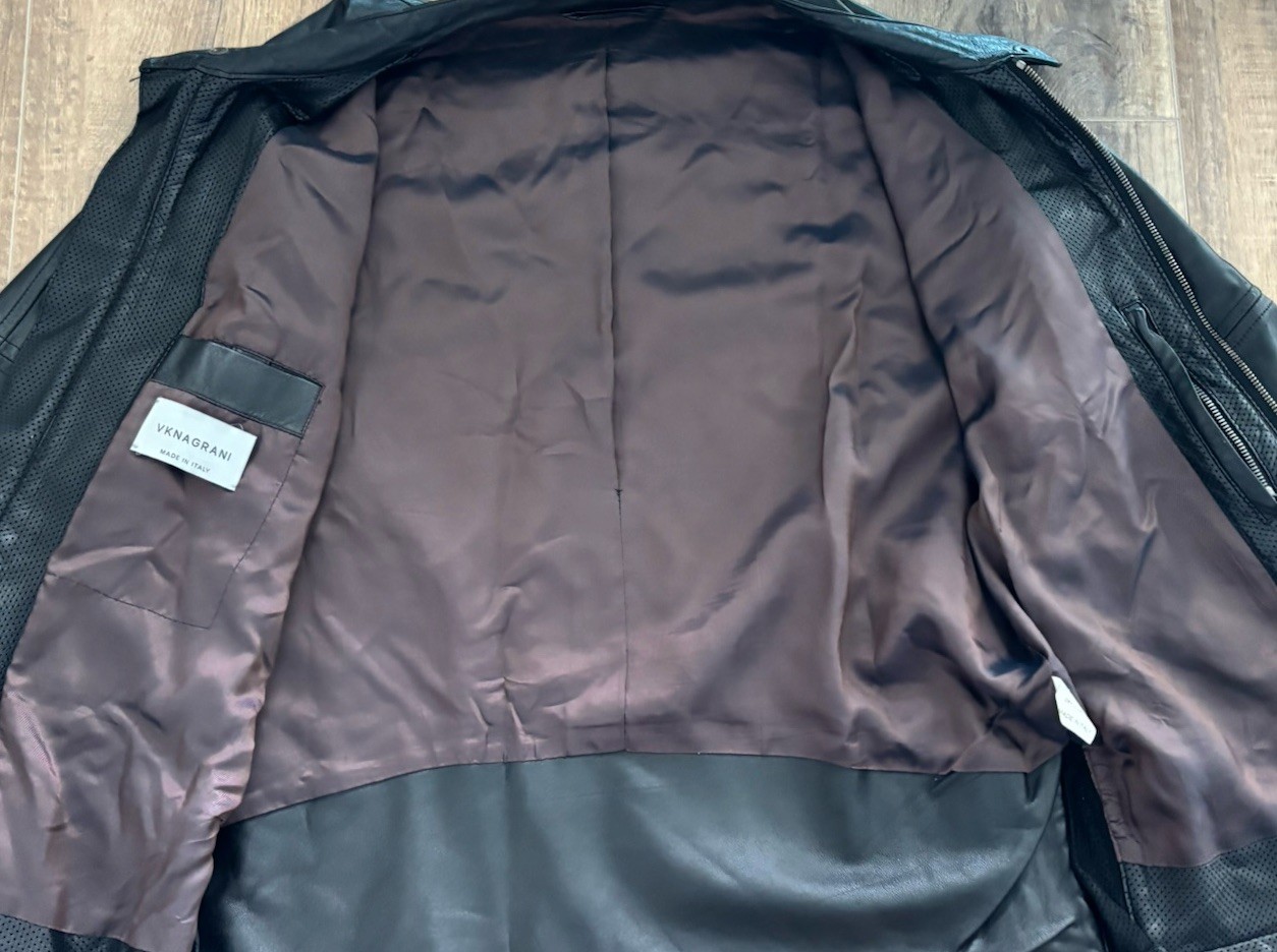 VKNAGRANI Mens Black Lambskin Leather Cafe Racer Moto Jacket Italy 48 US 38 M