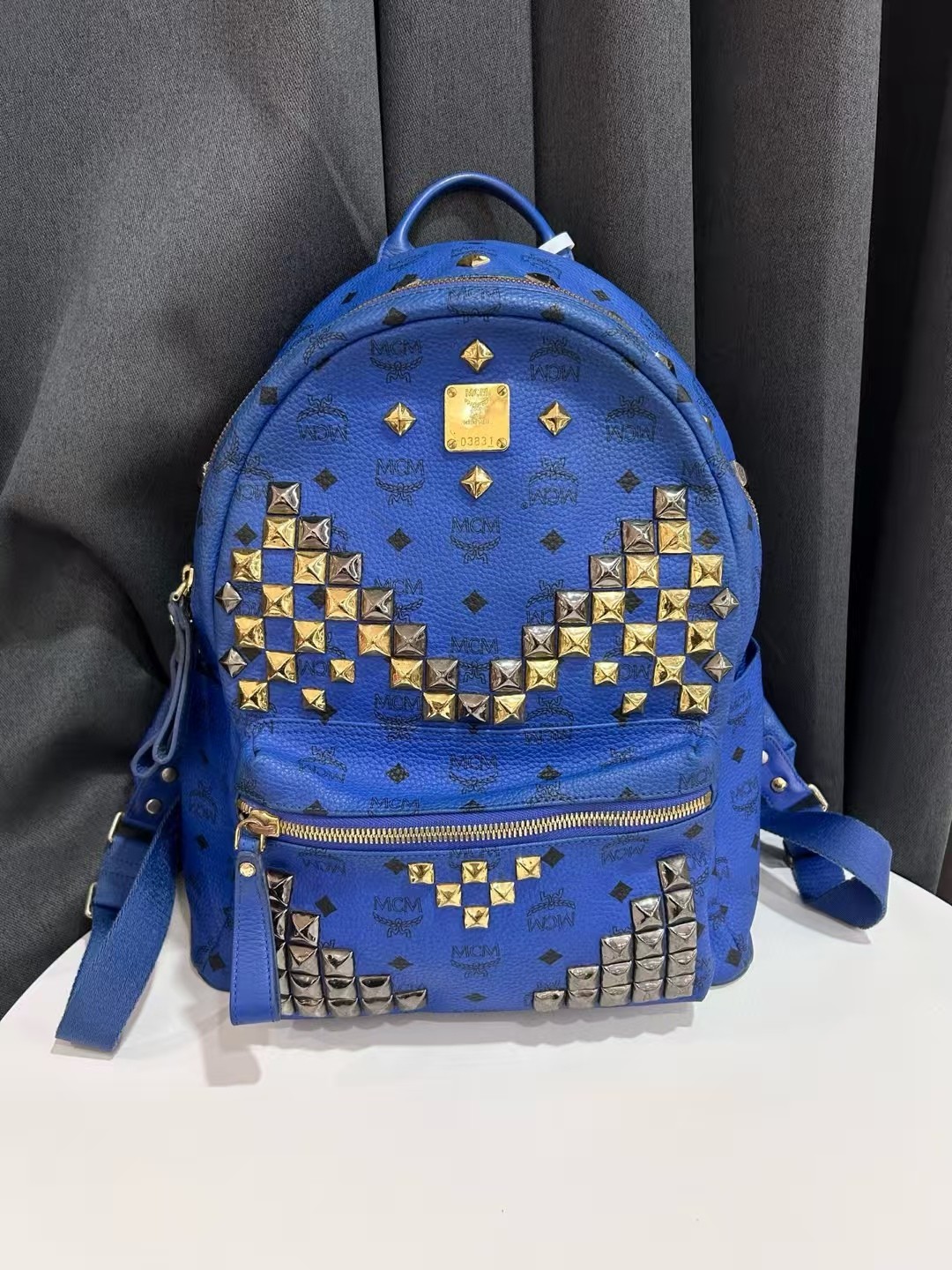 MCM Stark Visetos Canvas Logo Print Rivet Backpack Small Blue Korea