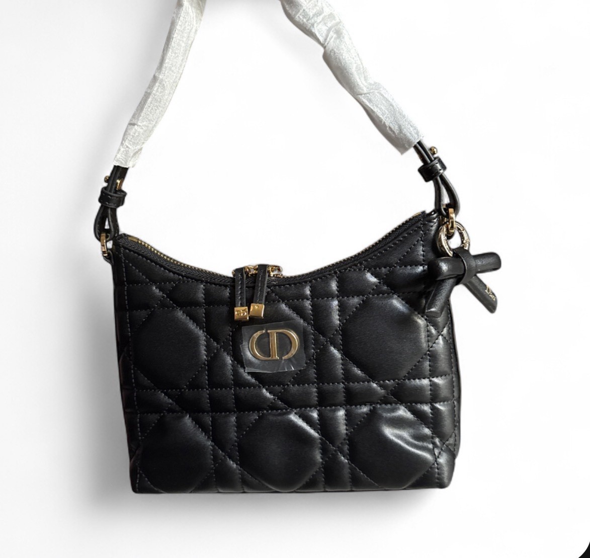 Dior Black Quilted Shoulder Bag Gold Hardware Crossbody Strap Zip Dust Bag