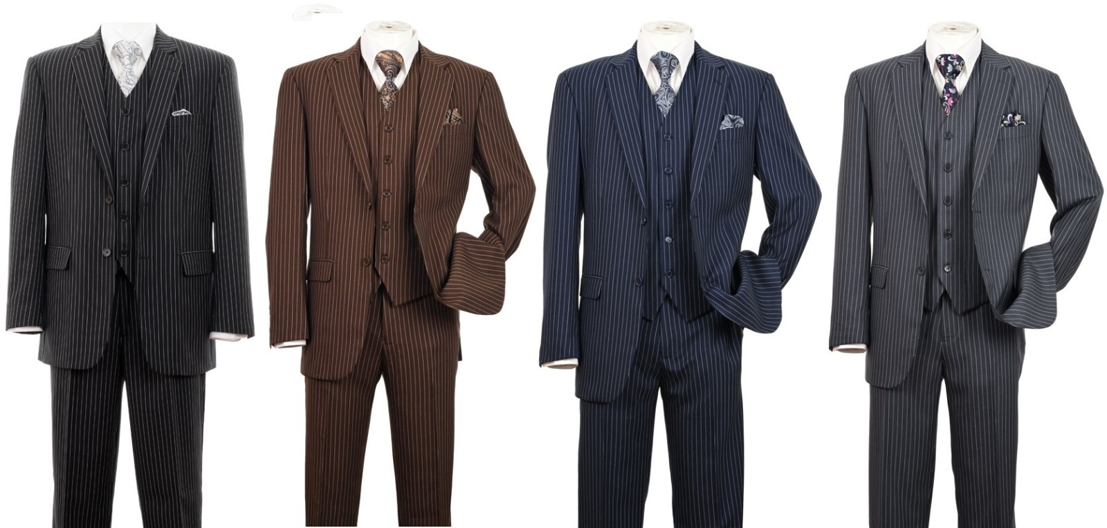 Men’s 3 piece Luxurious Pinstriped Suit 2 Button Navy Black Brown Gray 38R~56L
