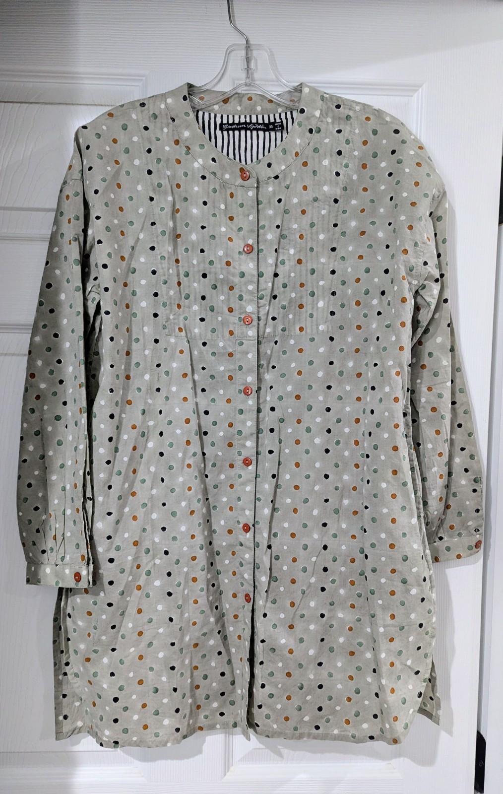 Gudrun sjoden gray taupe dot button down cotton tunic blouse top size XS