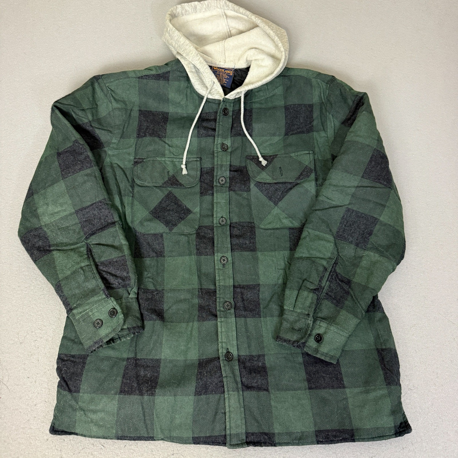 Woodland L Hooded Quilted Flannel Jacket Green Black Buffalo Plaid Shacket