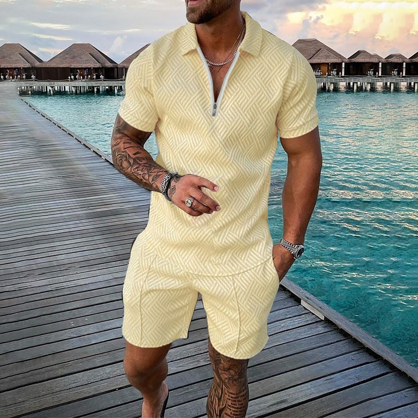 Mens Short Sets 2 Piece Outfits Pol Shirt Casual Short Sleeve and Shorts Set