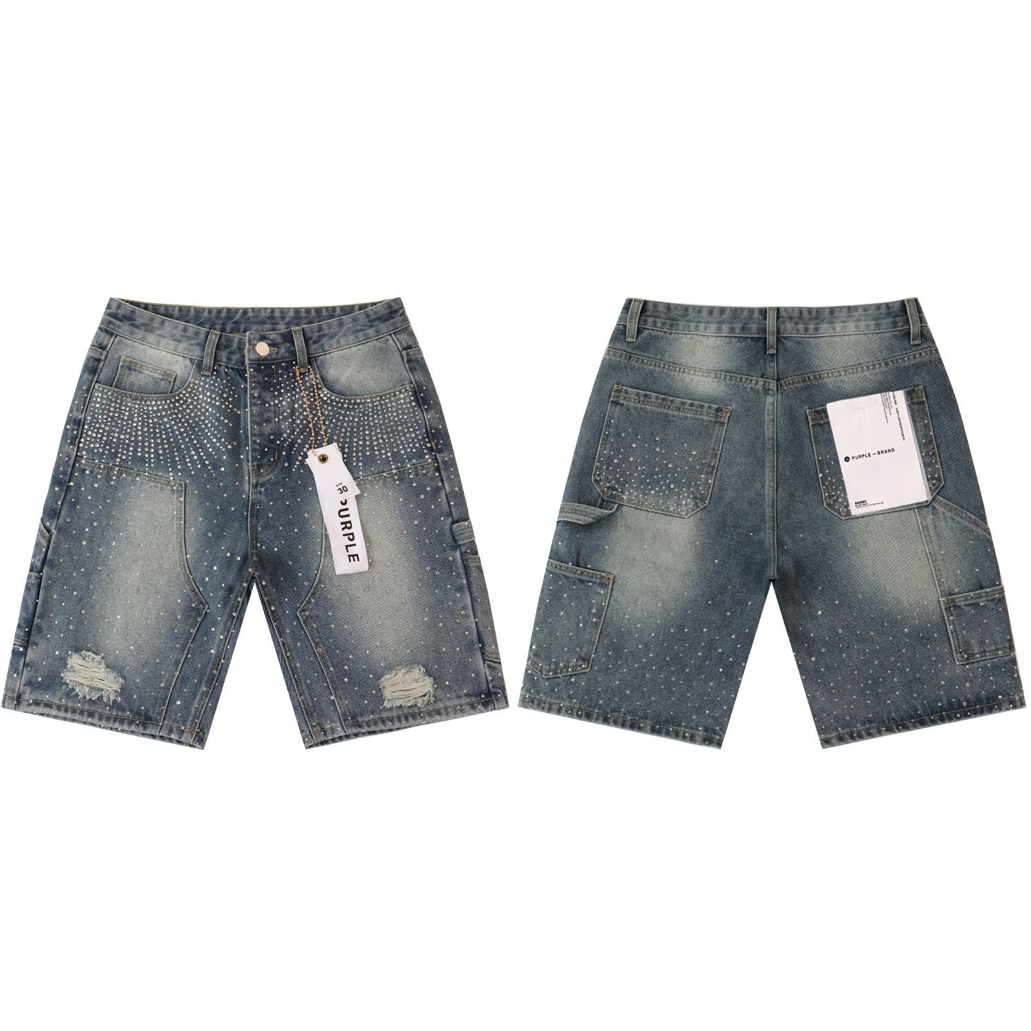 Fashion Purple Distressed Rhinestone Carpenter Denim Shorts Washed Jeans Jorts