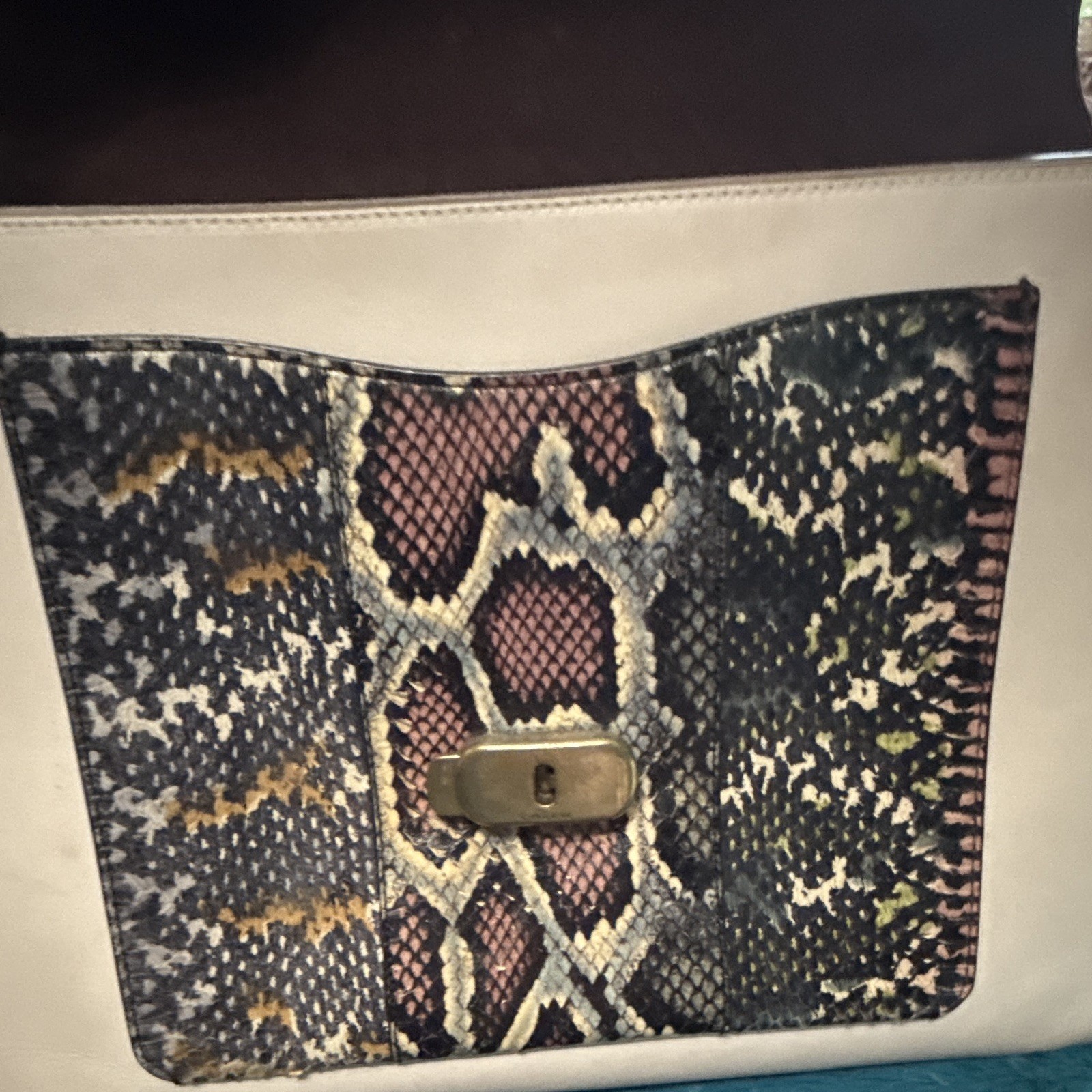 Coach Black Beige Snakeskin Medium Satchel Top Handle Turn Lock Zip Gold