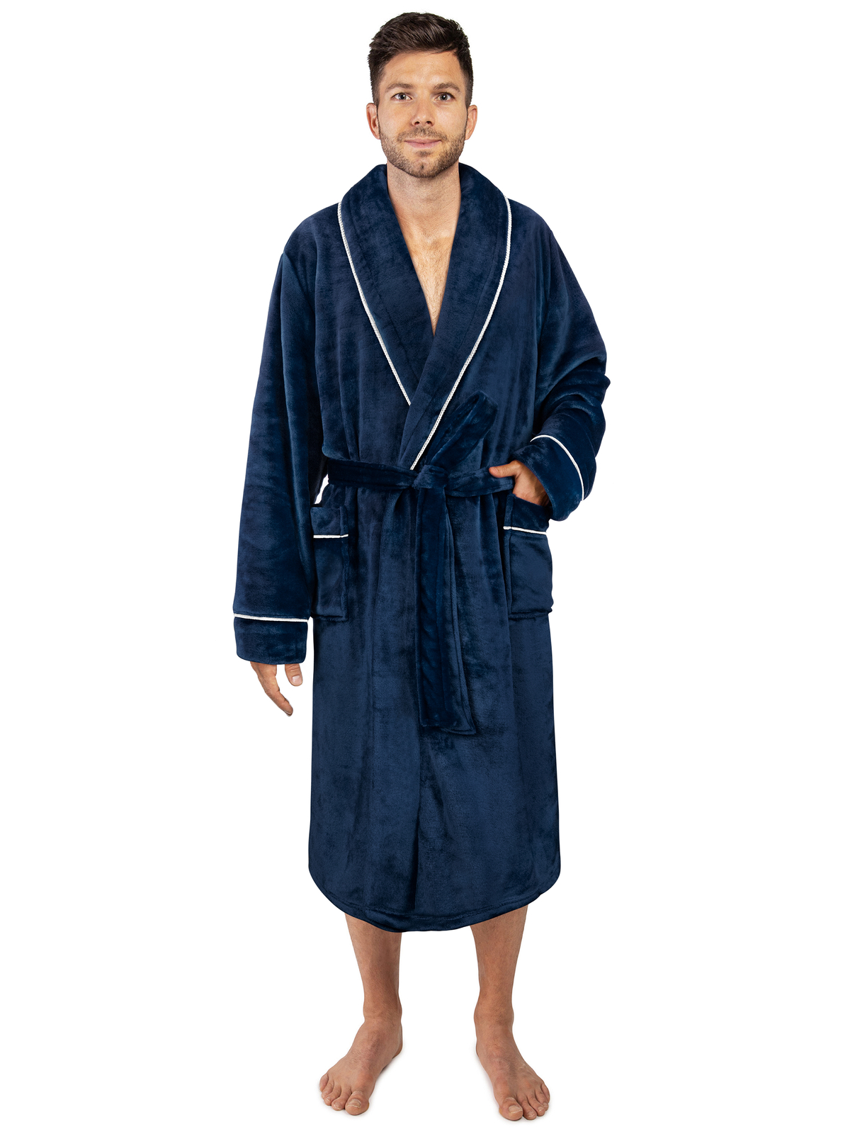 Men Warm Fleece Robe Microfiber Bathrobe Shawl Collar Long Spa Robe Sleepwear