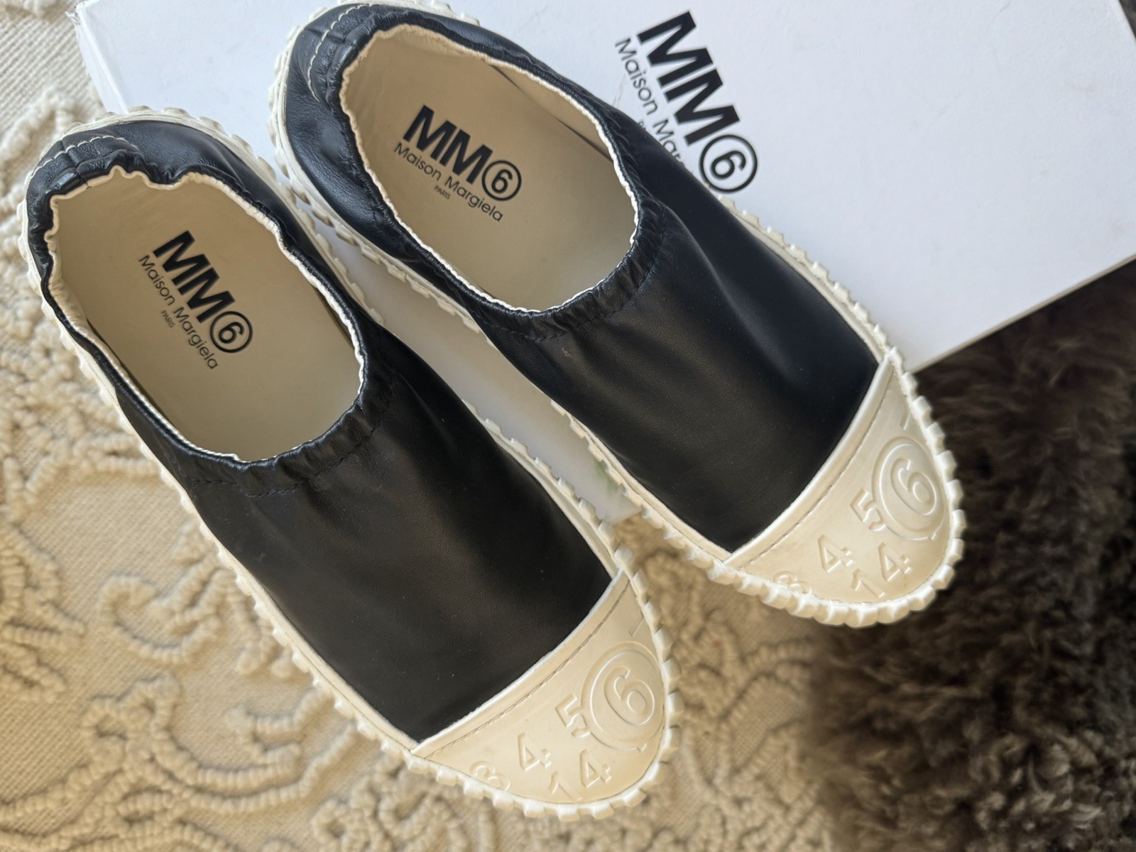 MM6 Maison Margiela Black Leather Slip Ons Shoes US Size 8, EU 38