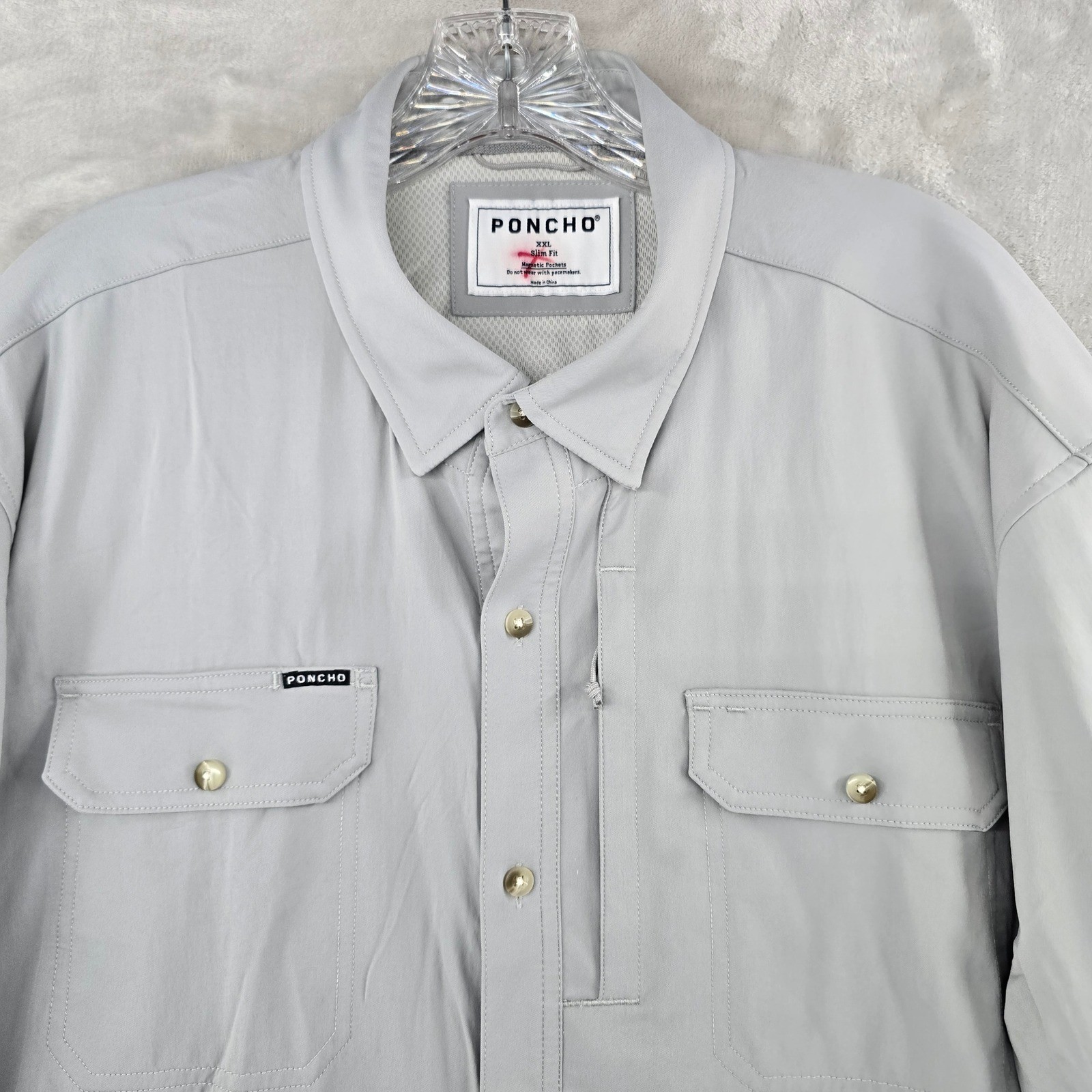 Poncho Outdoors Shirt Mens XXL Slim Fit Gray Long Sleeve Magnetic Pockets