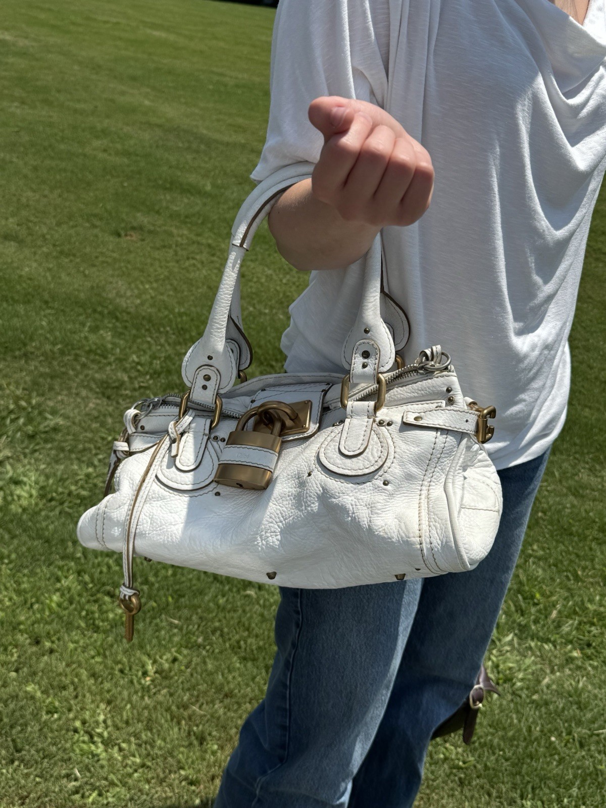 Chloé White Medium Satchel Top Handle Bag Gold Hardware Zip Padlock Lock