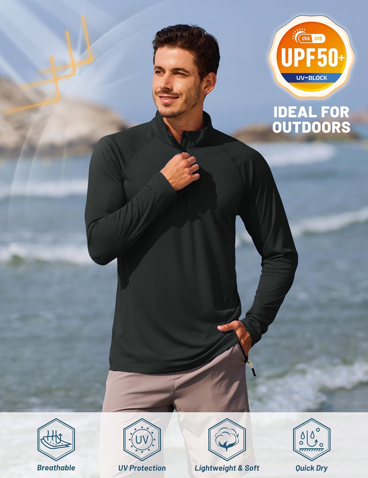 UPF50+ Men’s 1/4 Zip Sun Block UV Shirts Long Sleeve Performance Fishing T-Shirt