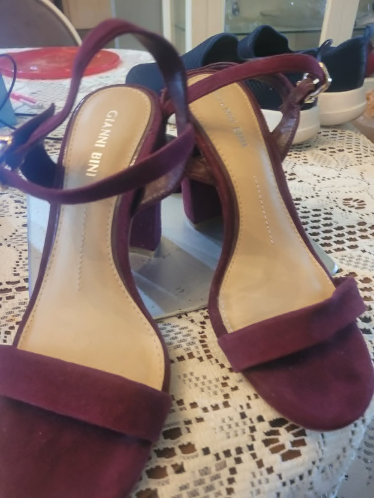 Gianni Bini Burgundy Wrap Ankle Strap block Heels Sandals