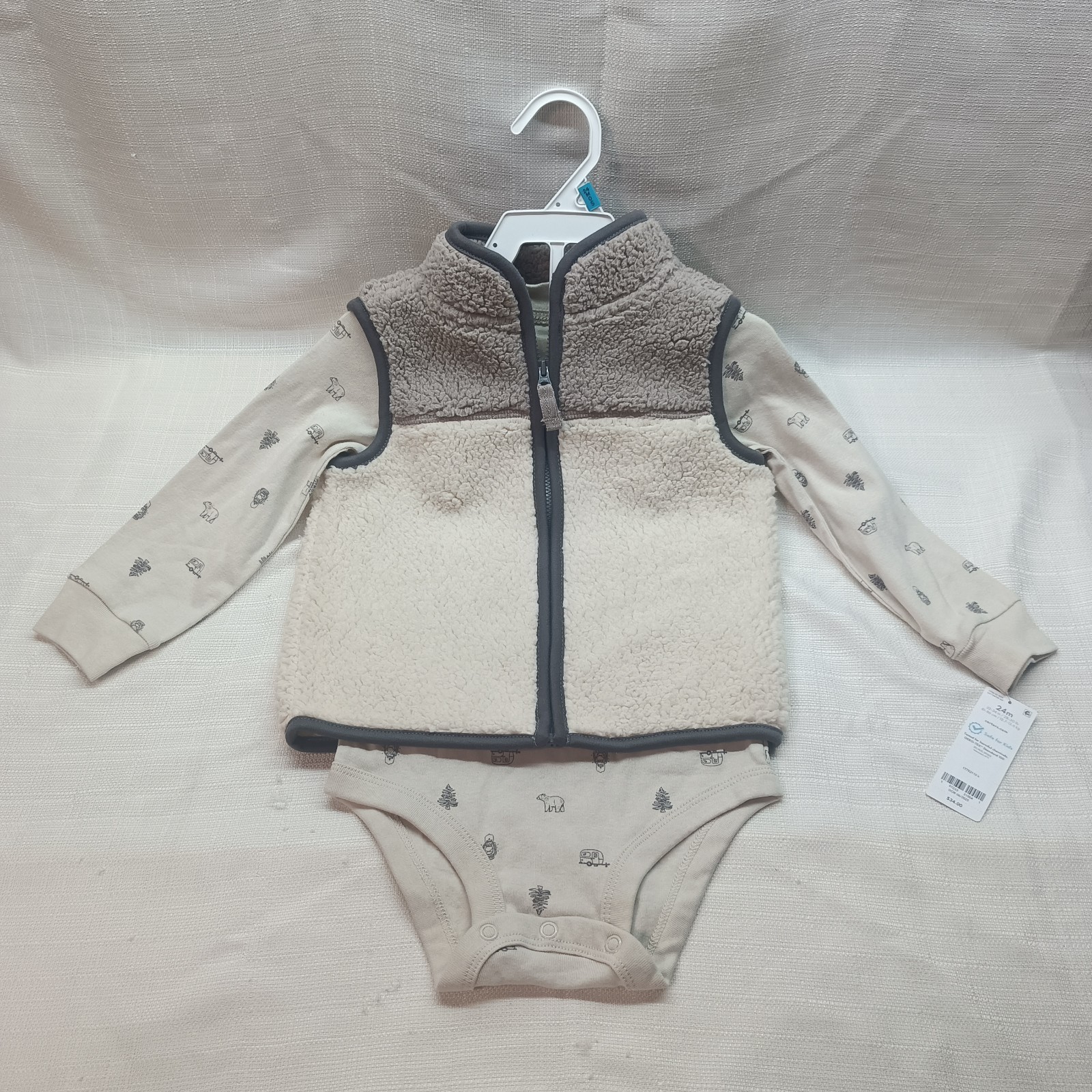 Carter’s Boys 2pc Long Sleeve 1pc + Fleece Vest 24M NWT Beige No Pants
