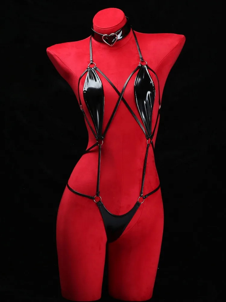 Black Patent Leather Strappy Bodysuit with Heart Choker Sexy Hollow Out Harness