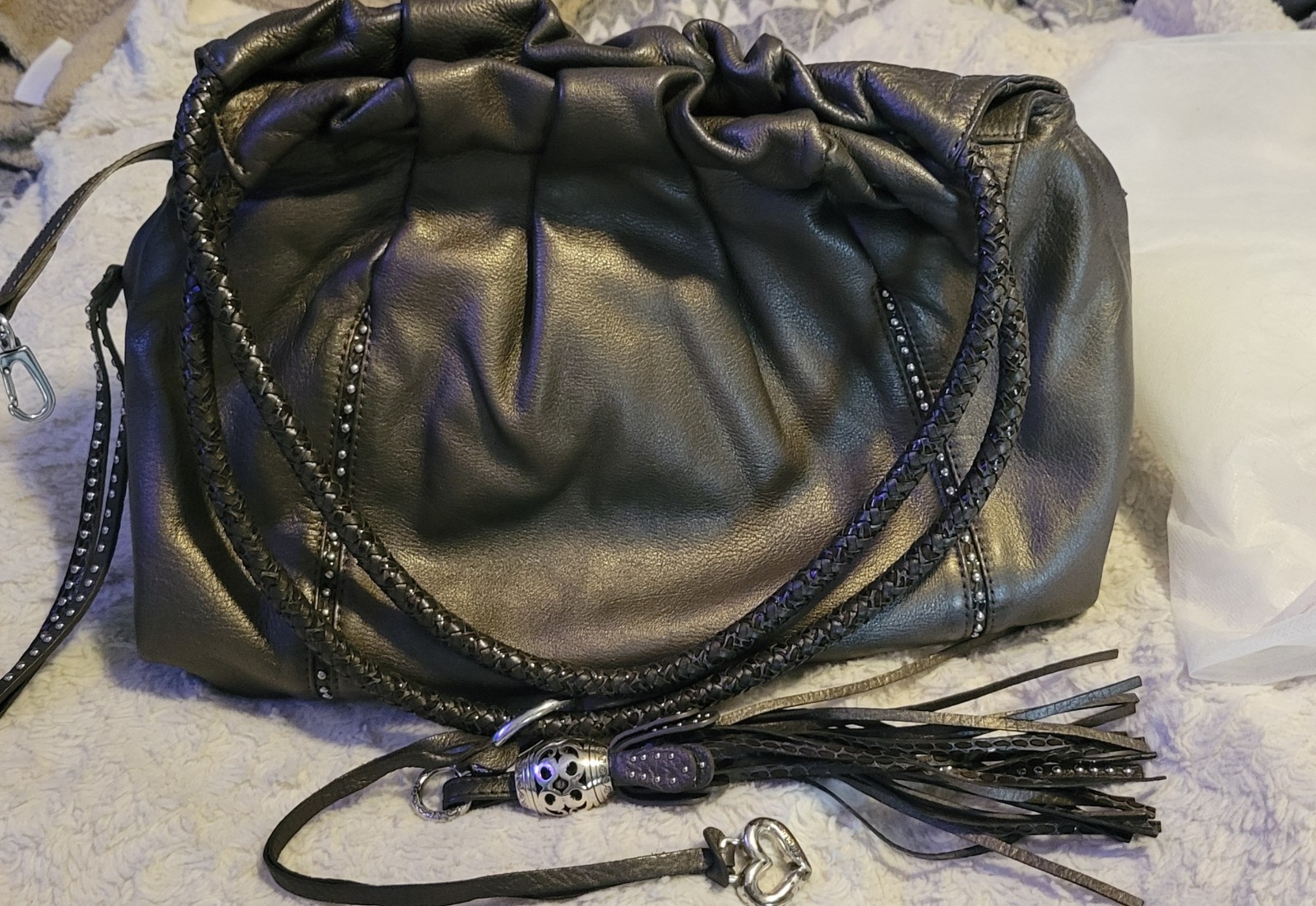 BRIGHTON FEMME FATAL GRETTA GARBO STUDDED PEWTER TASSELED SHOULDERBAG HOBO $150