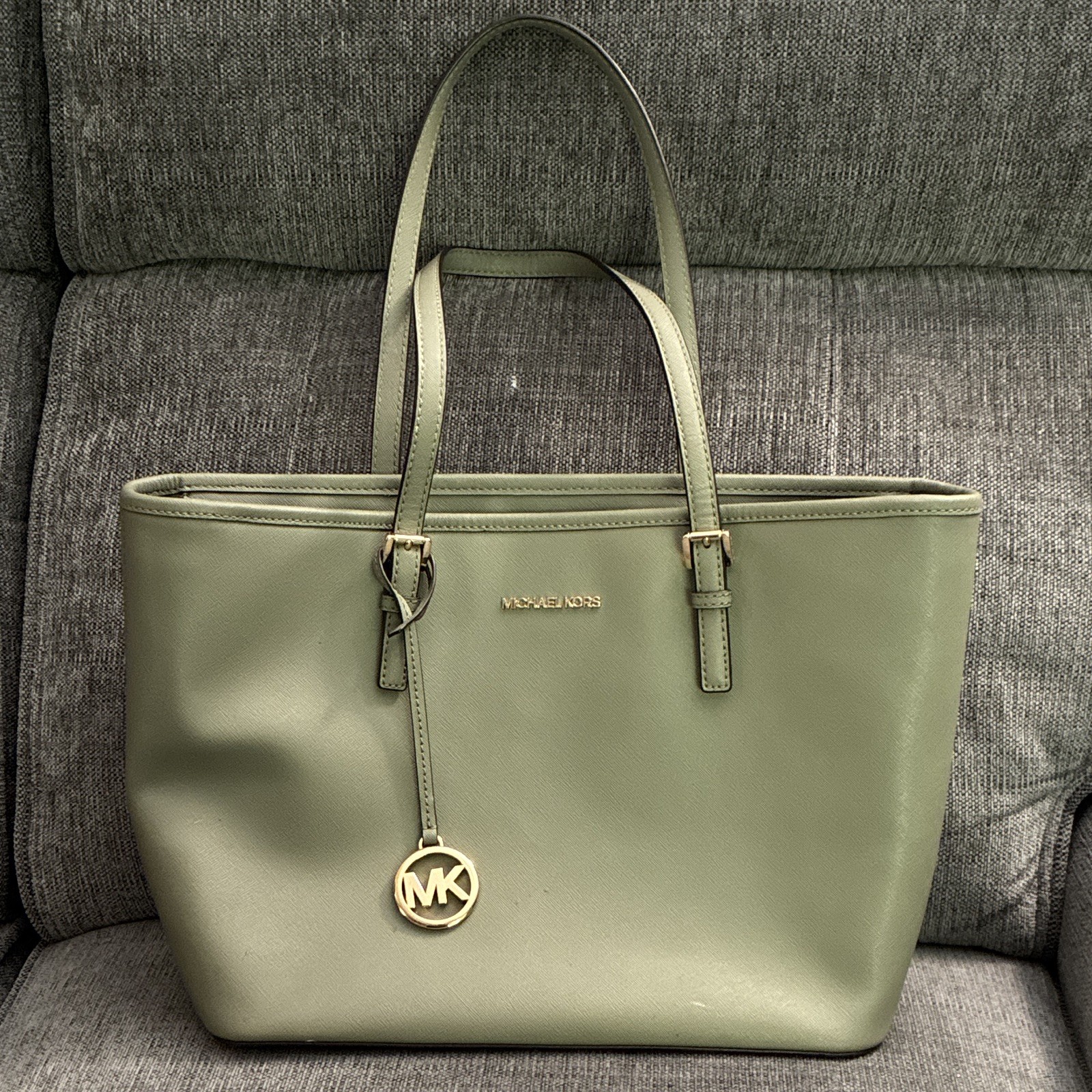Michael Kors Green Large Tote Bag Zip Closure MK Charm Gold Hardware