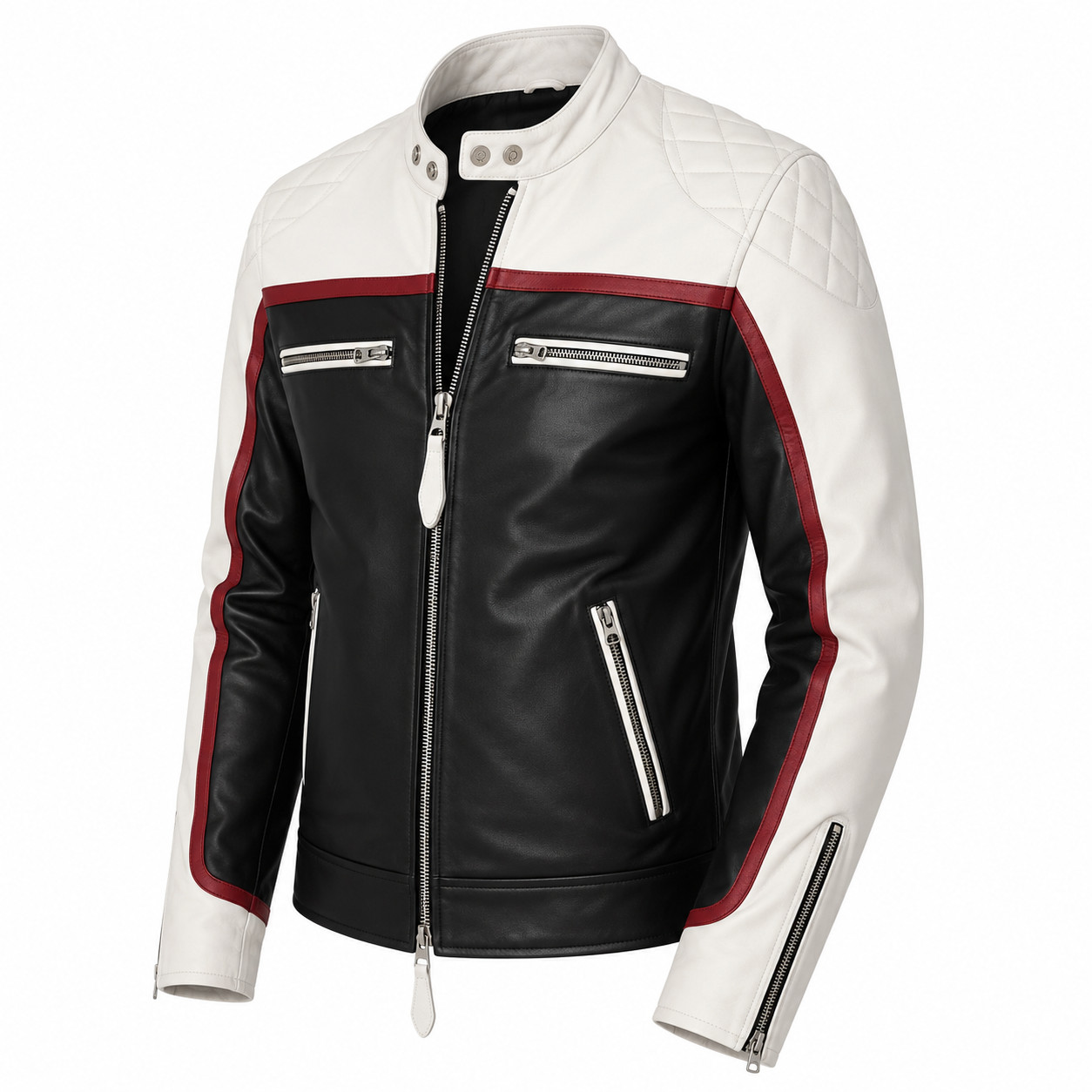 Men’s Genuine Lambskin Leather Cream & Black Cafe Racer Motorcycle Biker Jacket
