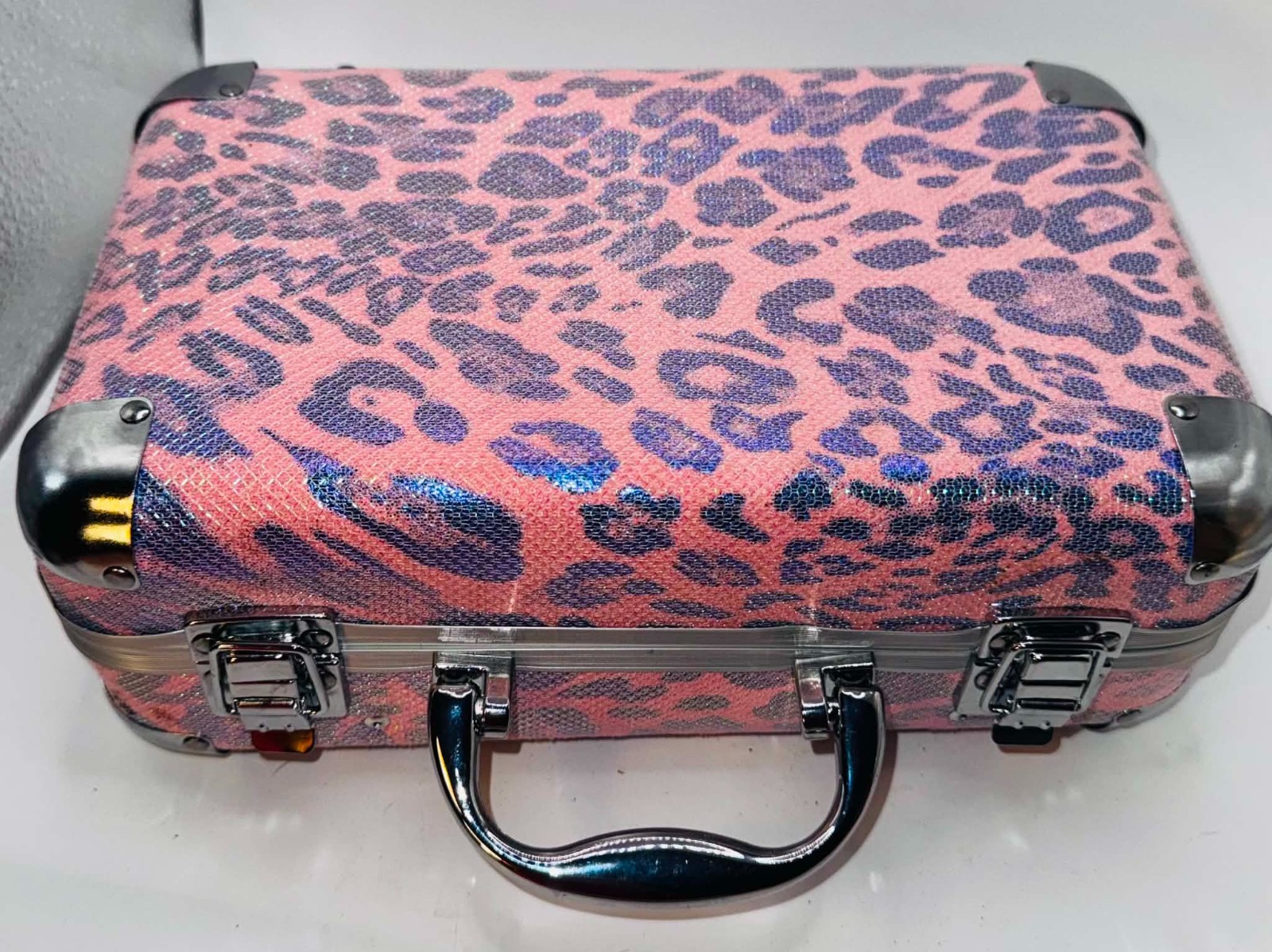 Pink Silver Sparkley Jewelry Make Up Case with Metal Latches Pull Outs & Mirror