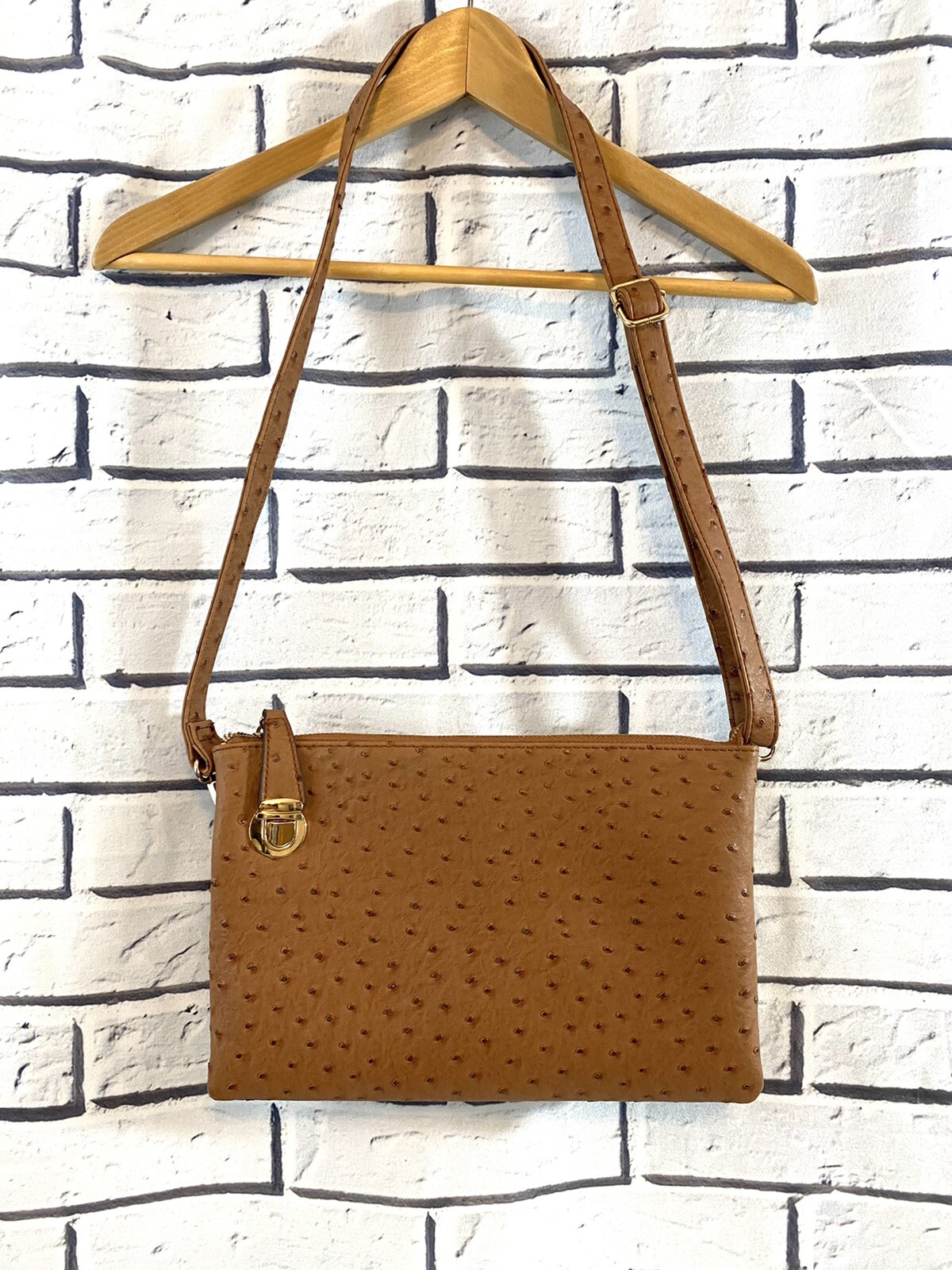 Faux Ostrich Clutch/Crossbody Zipper Top Purse Bag with Small Side Clasp Brown