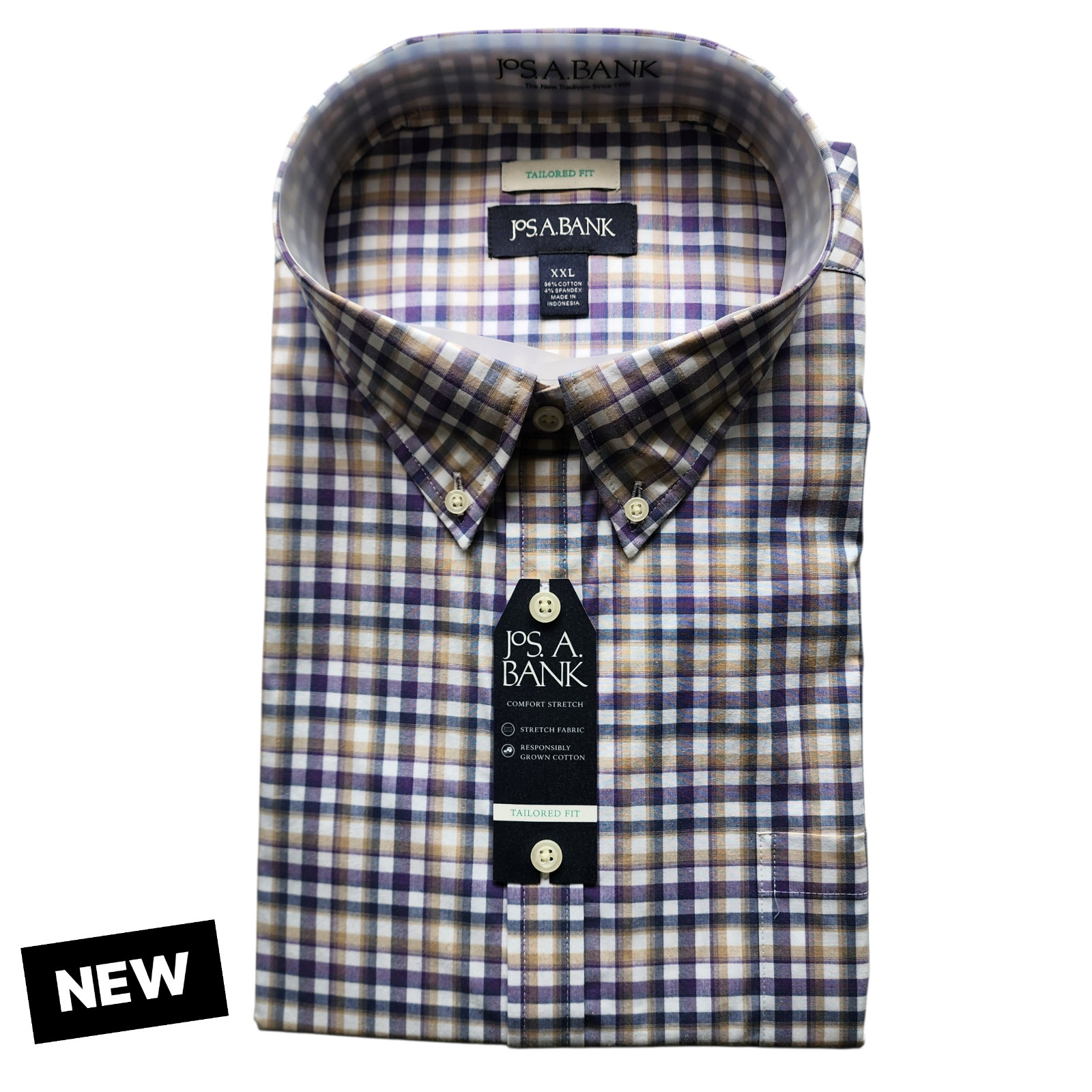 XXL Purple Shirt Plaid Checked Beige White Mens Jos A Bank New Tailored Fit Size
