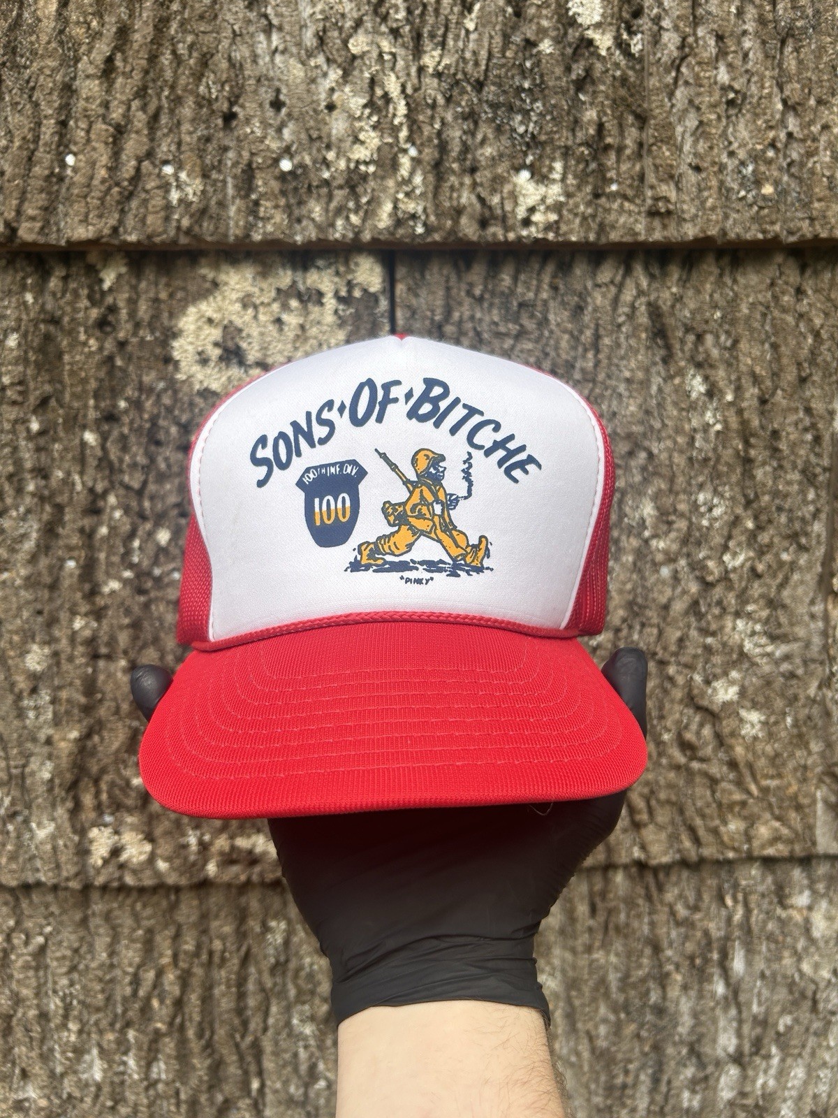VTG 80s WWII Sons of Bitche 100th infantry mesh trucker hat Hanes Red mesh