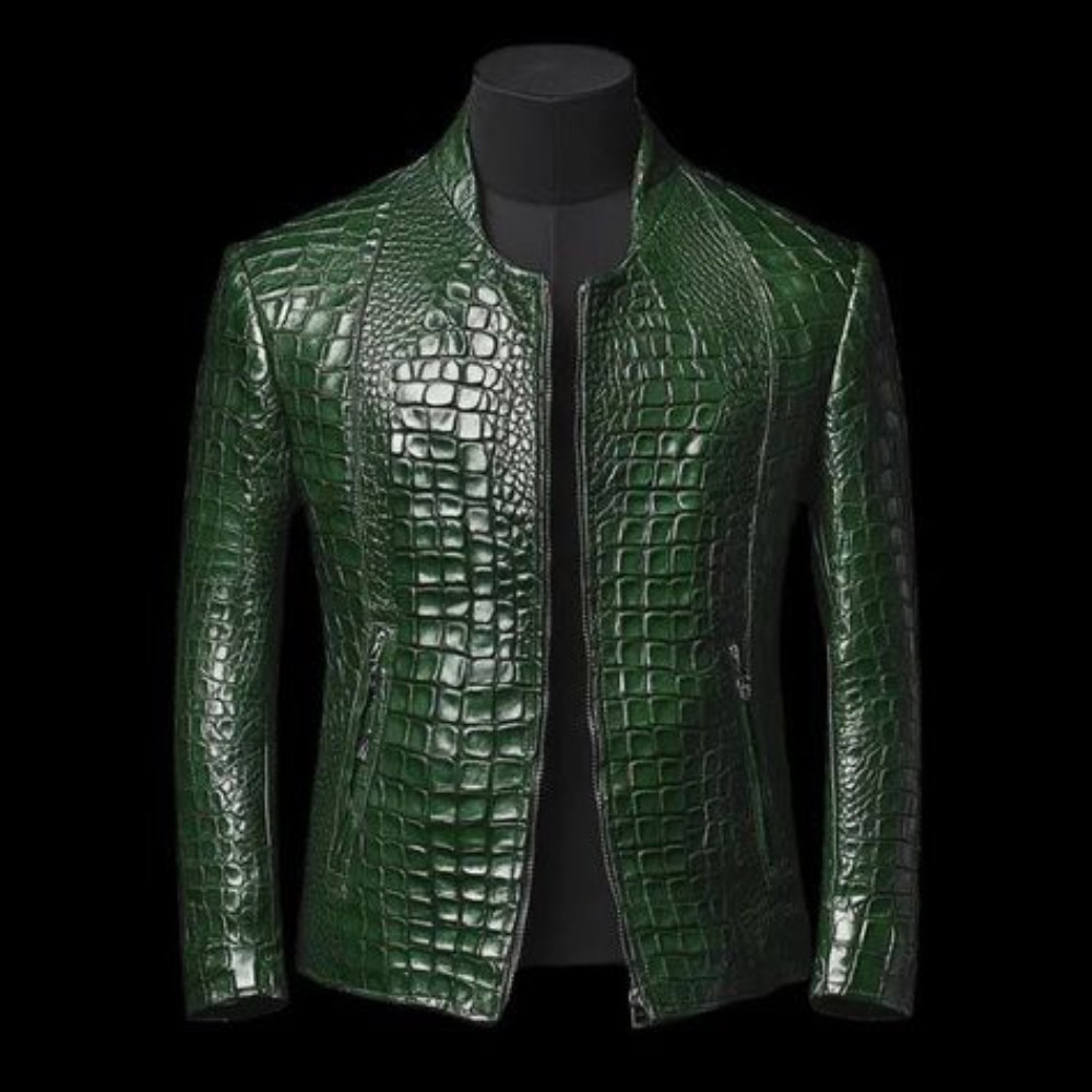 Men’s Sheepskin Leather Crocodile Embossed Luxury Leather Jacket in Green
