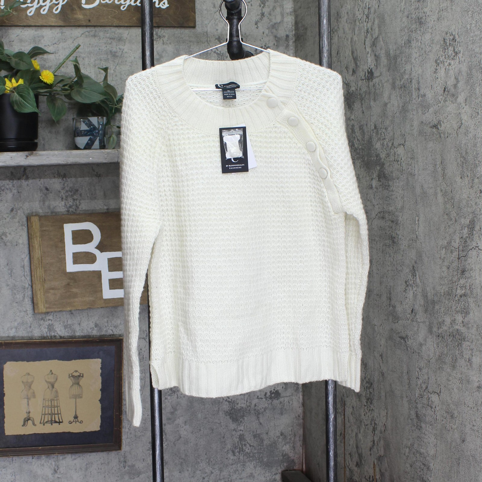C By Private Label Waffle Knit Sweater Button Shoulder Ivory Off White XL
