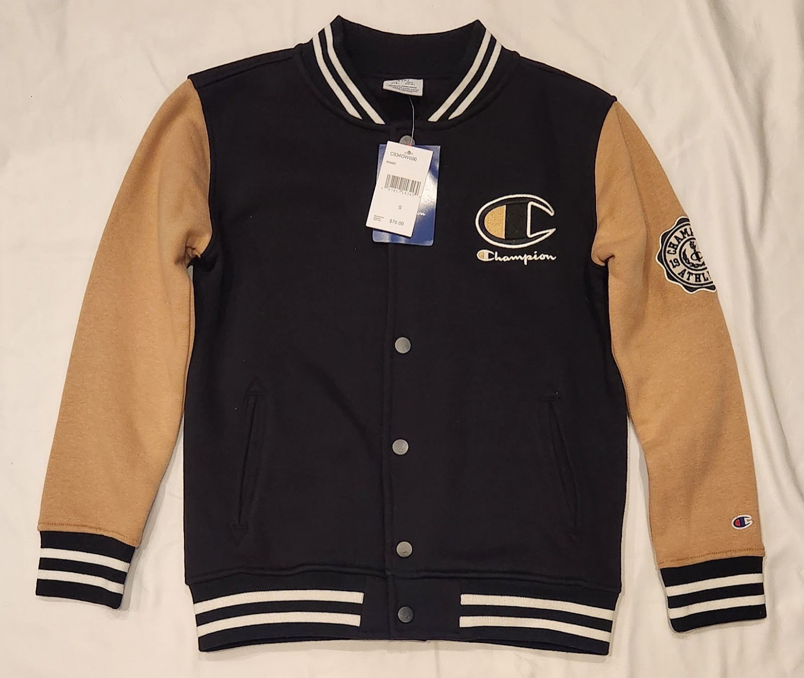 Youth Champion Black & Khaki Fleece Full-Snap Varsity Jacket Sz Small (8)
