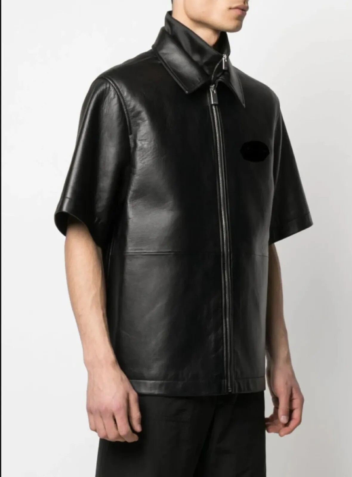 Men’s & boys black double collared leather t-shirt. Real Soft Sheepskin leather.