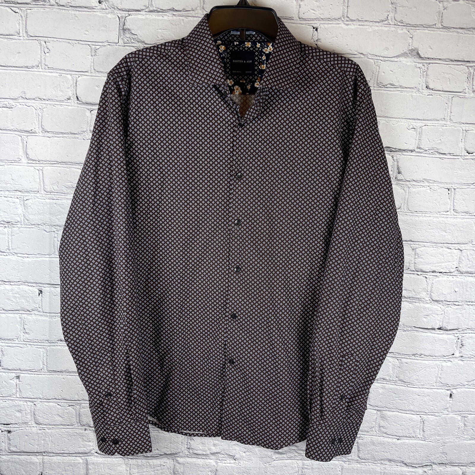 Porter & Ash Shirt Men’s Large Brown Blue Floral Geometric Long Sleeve Button Up