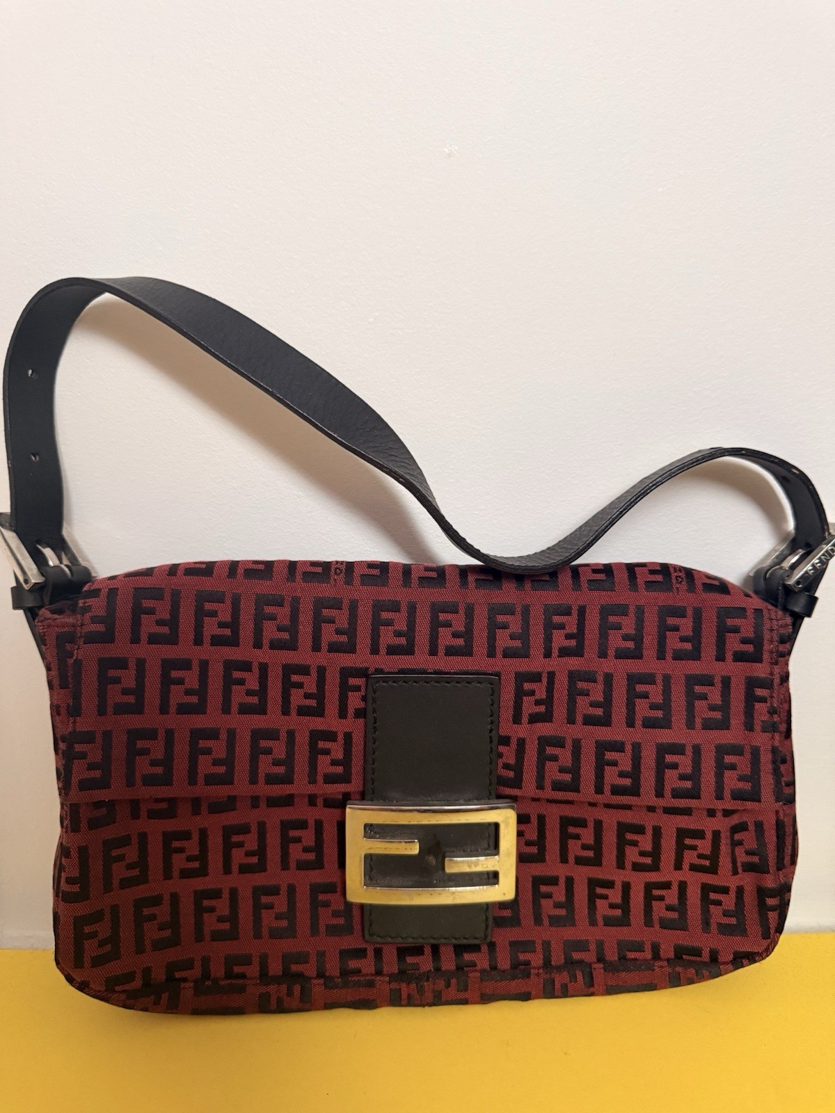 Fendi Red & Black Logo Shoulder Bag Buckle Closure Black Strap Gold/Silver