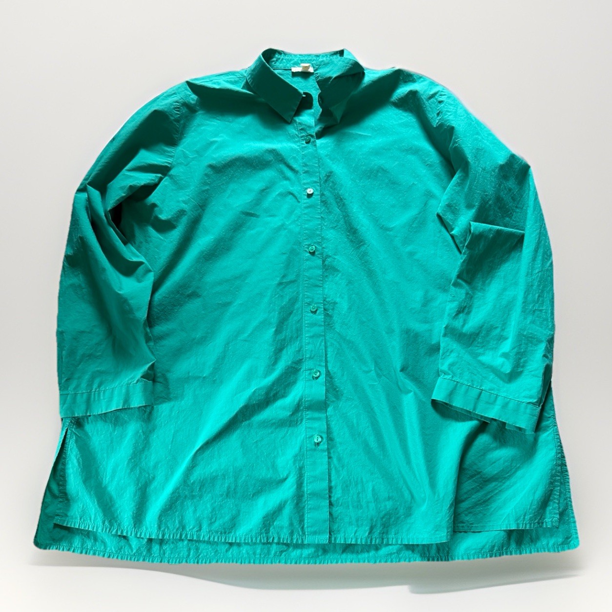 Eileen Fisher L Blue Organic Cotton Collared Button Down Tunic Shirt Career