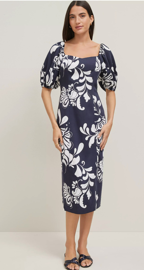 NEW ANN TAYLOR NIGHT SKY BLUE WHITE PETITE FLORAL PUFF SLEEVE MIDI DRESS SZ 8P