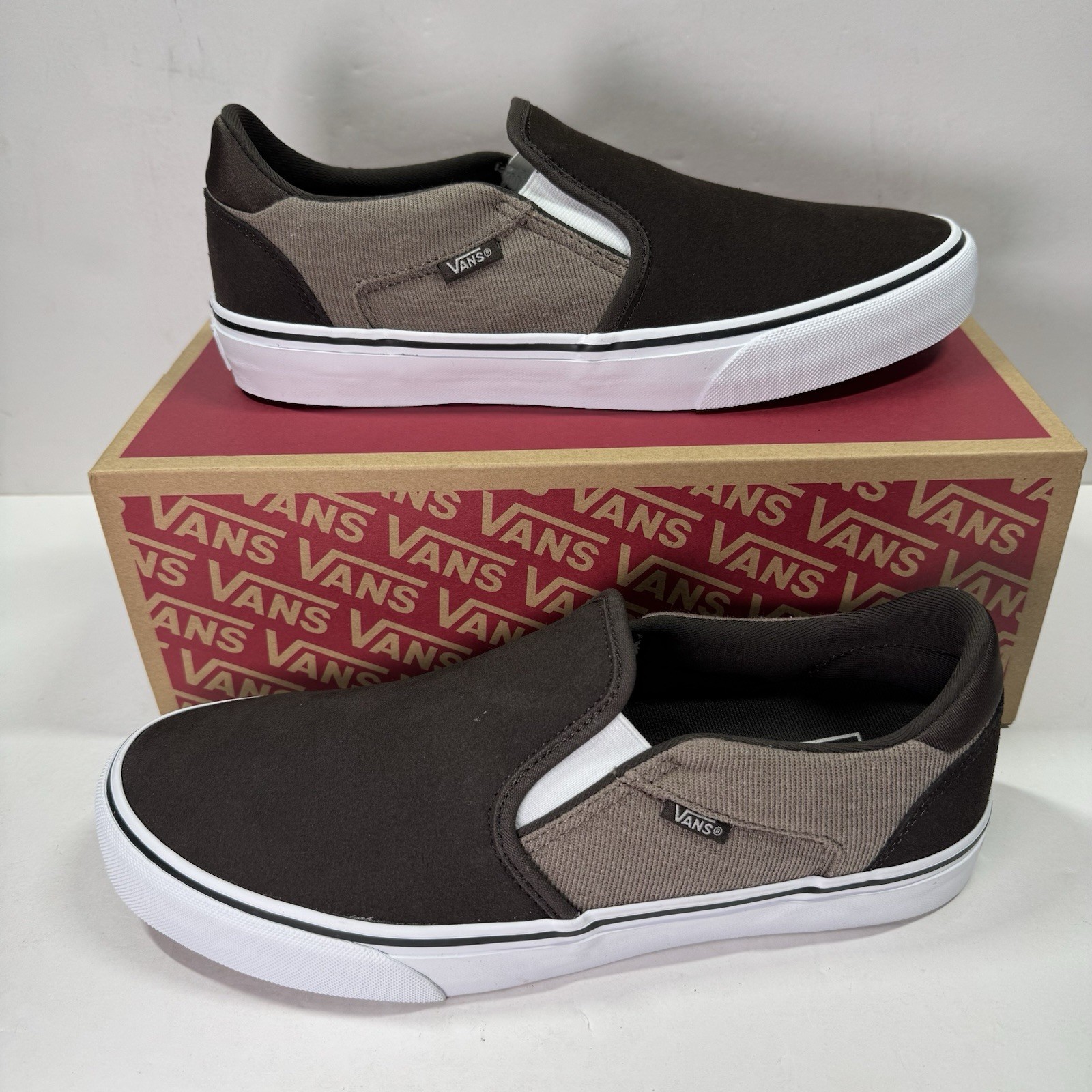Vans Asher Deluxe Mens Size 8 Slip On Suede Shoes Cozy Knit Coffee