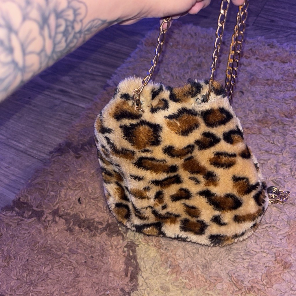 Leopard Print Small Bucket Crossbody Bag, Gold Chain Strap, Drawstring, Lined