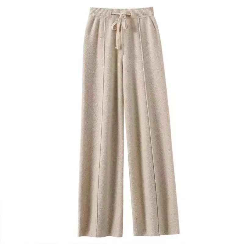 Women Merino Wool Wide Leg Pants Soft Warm Cashmere Knit Trousers Winter Casual