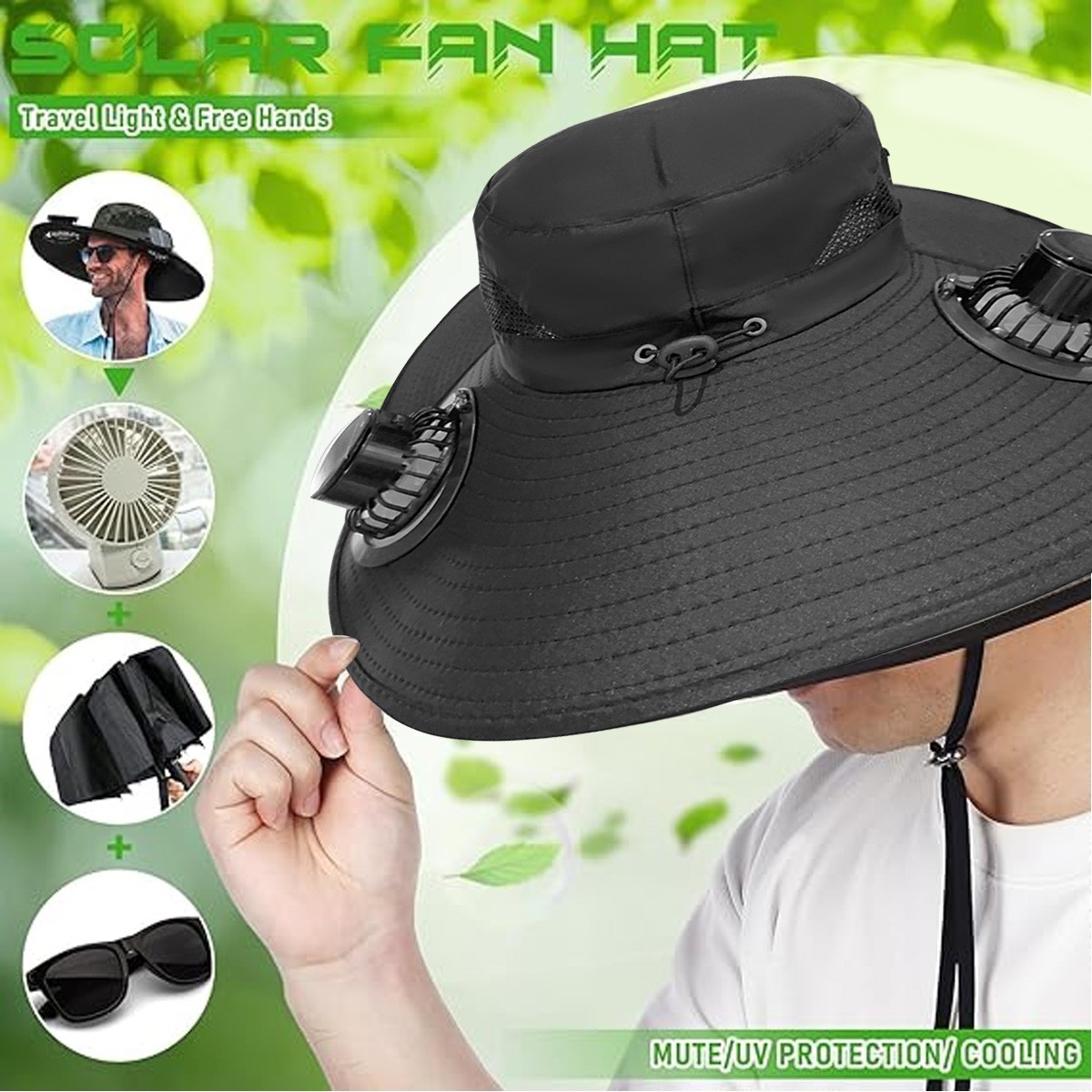 Solar & USB Powered Fan Outdoor Fishing Hat, Sunscreen Sun Hat with Dual Fan NEW